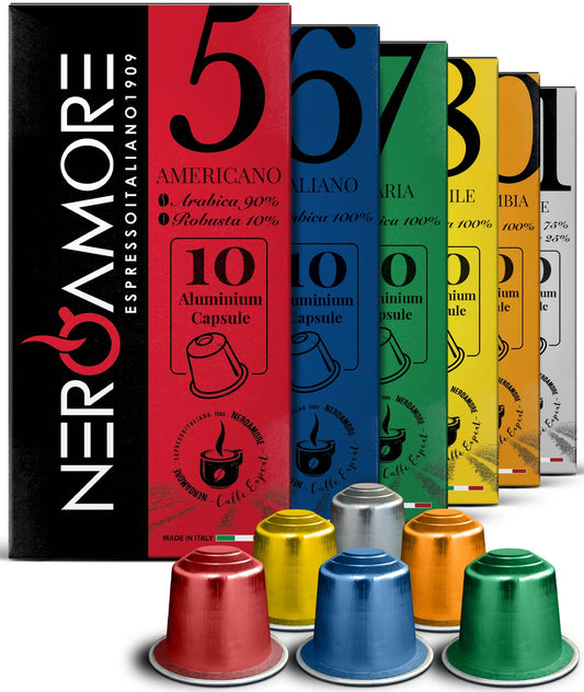 NERO AMORE Espresso Pods - 60 Gourmet Aluminum Coffee Capsules, Compatible with Nespresso® Pods Original Line Machines- Variety Pack of 6 ( 6×10 Capsules )